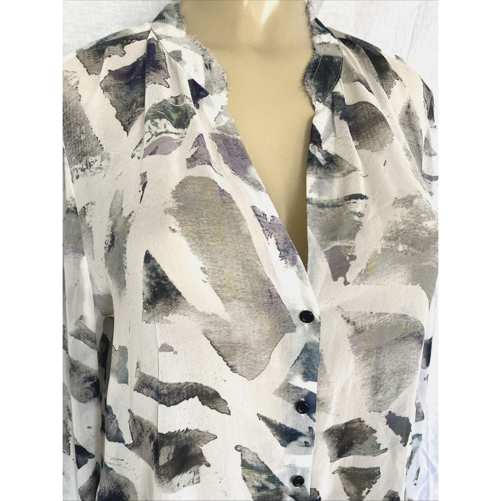 Go by Go Silk Shirt Button Down Tunic Sheer Gray White Silk V Neck Long Sleeve L - Picture 3 of 8